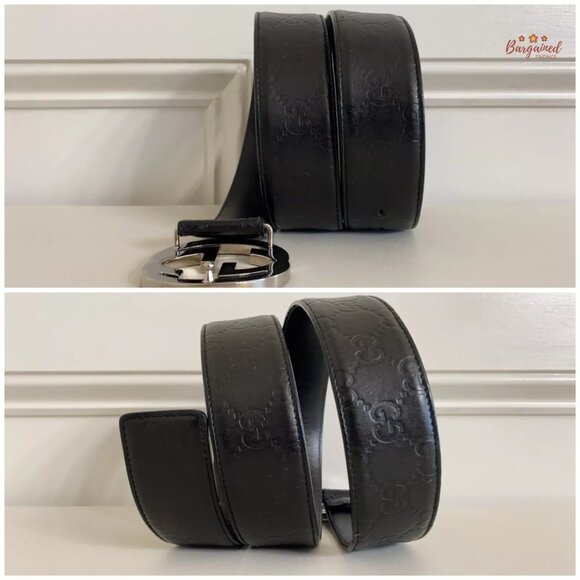 Authentic Gucci Black Guccissima Leather Silver Interlocking G Buckle Belt 90/36 - Picture 9 of 14